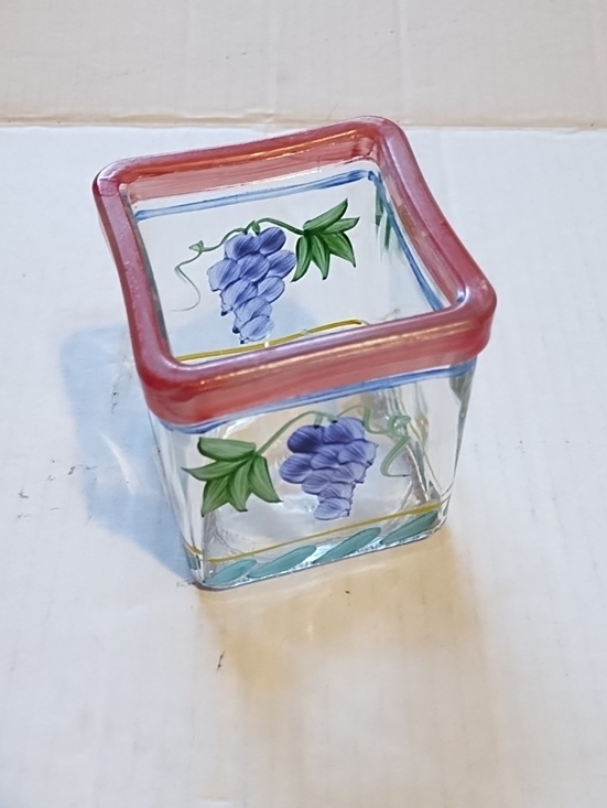 Other - Hand-Painted Square Glass Votive or Trinket Dish - Purple Floral with Red Rim
